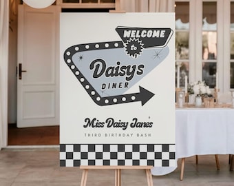 Retro Blue 50s Diner Drive-In Birthday Welcome Sign | Vintage Sock Hop (Digital Download)