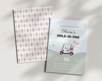 Faire-part d'anniversaire de golf rose modifiable, modèle de toile d'invitation de partie de golf pour filles, trou d'un coup - A019