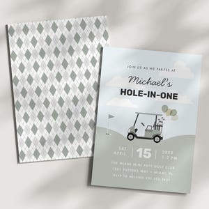 Editable Green Golf Birthday Invitation, Boys Golf Par-Tee, Hole-in-One Party Invite Canva Template - A019