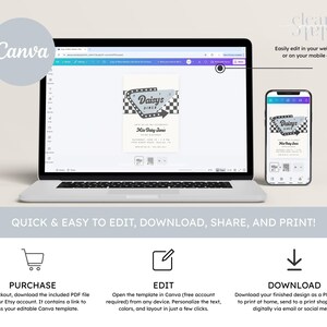 May include: A laptop and smartphone display a retro-themed invitation design for "Daisy's Diner." The design features a diner sign with a checkered border and arrow. The image also includes the Canva logo and instructions for editing, downloading, and printing.