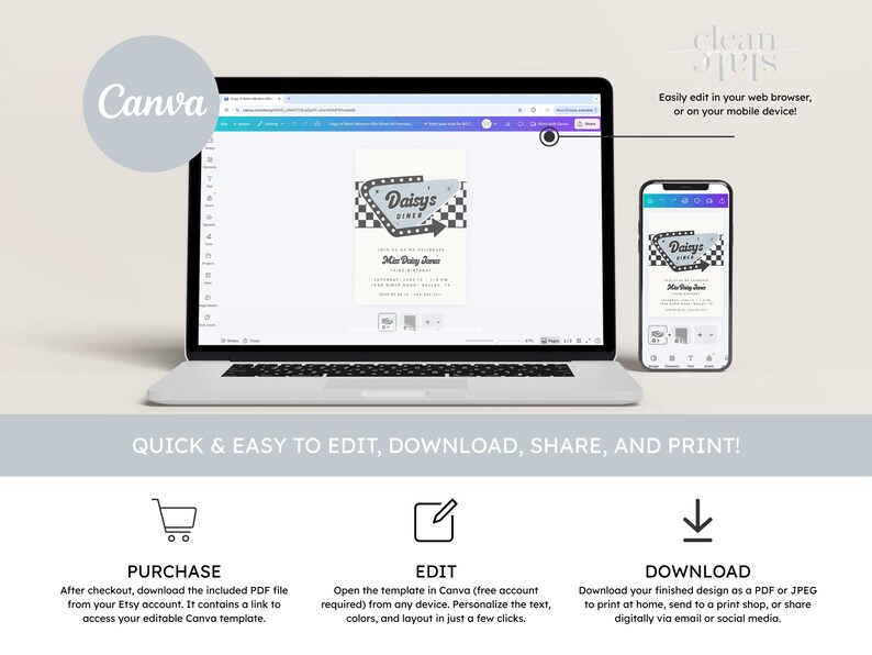 May include: A laptop and smartphone display a retro-themed invitation design for "Daisy's Diner." The design features a diner sign with a checkered border and arrow. The image also includes the Canva logo and instructions for editing, downloading, and printing.