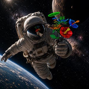 May include: An astronaut in a white space suit floating in space, holding a bouquet of vibrant, translucent plastic flowers in shades of red, blue, orange, and green. The helmet visor reflects the flowers and the Earth below in the dark cosmos.