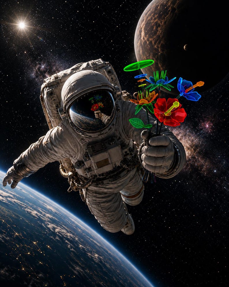 May include: An astronaut in a white space suit floating in space, holding a bouquet of vibrant, translucent plastic flowers in shades of red, blue, orange, and green. The helmet visor reflects the flowers and the Earth below in the dark cosmos.