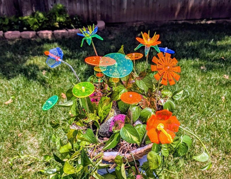 May include: A collection of colorful, translucent acrylic garden stakes in various shapes including flowers, circles, and a butterfly, inserted into a potted plant with green leaves. The stakes feature vibrant orange, blue, and green hues.