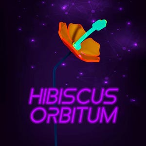May include: A stylized orange hibiscus flower with a bright cyan stamen on a thin dark stem. Below the flower, the text HIBISCUS ORBITUM is displayed in a glowing purple neon font against a dark purple background with faint light nodes.