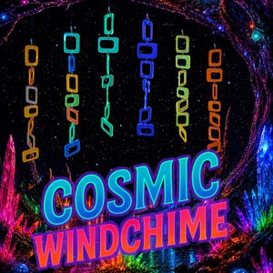 May include: Six vertical hanging chains composed of interconnected rectangular links in vibrant neon colours including orange, blue, green, and yellow. The text COSMIC WINDCHIME is displayed in large, bold, multi-coloured letters at the bottom.