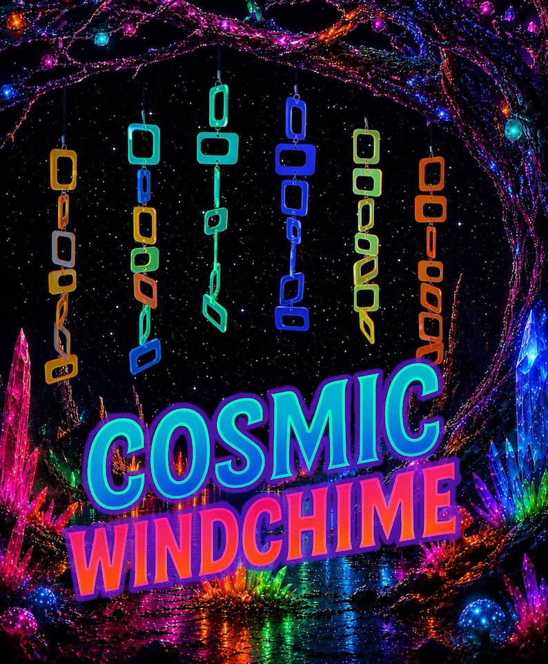 May include: Six vertical hanging chains composed of interconnected rectangular links in vibrant neon colours including orange, blue, green, and yellow. The text COSMIC WINDCHIME is displayed in large, bold, multi-coloured letters at the bottom.