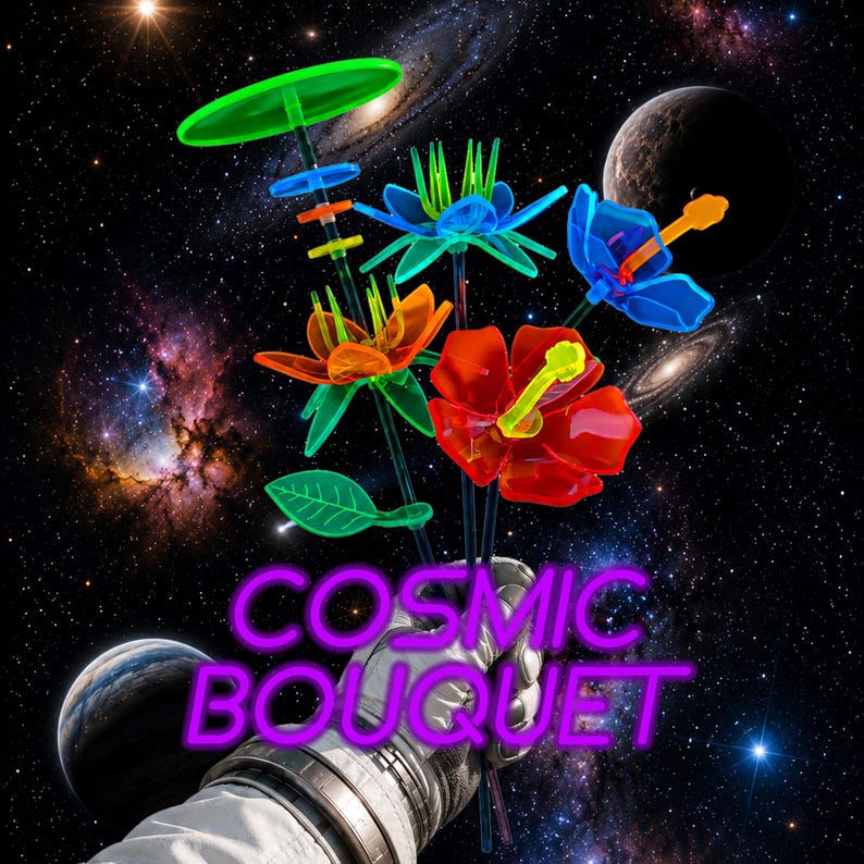 May include: A bouquet of translucent, neon-colored plastic flowers in shades of red, orange, blue, and green, held by a gloved hand against a space background. The text "COSMIC BOUQUET" is displayed in bright purple letters over the image.