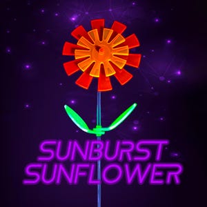 May include: A neon-style sunflower with a red and orange flower head, green leaves, and a clear stem. The text "SUNBURST SUNFLOWER" is displayed in purple neon. The background is dark purple with small, glowing purple dots.