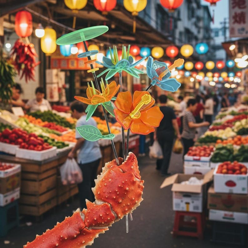 May include: A red crab leg segment serving as a base for a decorative arrangement of translucent plastic flowers in orange, blue, and green. The flowers are attached to thin stems, featuring detailed petals and leaves, held within the textured crab shell.
