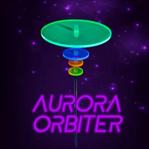 May include: A vertical display stand featuring four stacked, translucent circular discs in neon green, blue, orange, and yellow, mounted on a central rod. The text AURORA ORBITER is displayed in a bright purple neon font at the bottom of the image.
