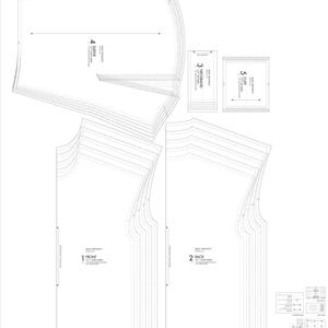 May include: A collection of white sewing pattern pieces for a basic crewneck top. The pattern includes pieces labeled "Front", "Back", "Sleeve", "Neckband", and "Cuff". The pattern is designed for cutting from the main fabric.