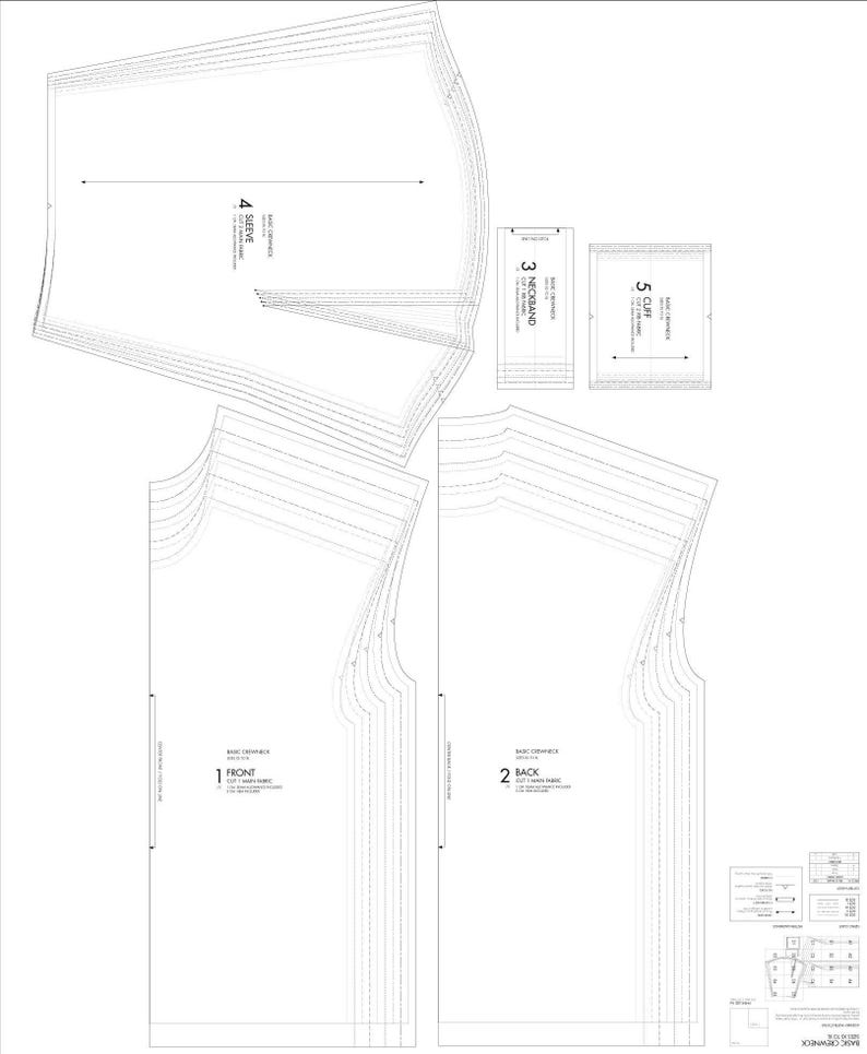 May include: A collection of white sewing pattern pieces for a basic crewneck top. The pattern includes pieces labeled "Front", "Back", "Sleeve", "Neckband", and "Cuff". The pattern is designed for cutting from the main fabric.