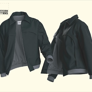 Op de afbeelding: Twee donkergroene jassen met grijze voering en afwerking worden getoond. De jassen hebben een kraag, een ritssluiting en zakken. De manchetten en zoom zijn afgewerkt met grijze ribbels. De tekst "CUTFORM PTTRNS" staat in de linkerbovenhoek.