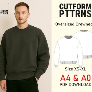 Op de afbeelding: Een man draagt een donkergroene oversized crewneck sweatshirt. De afbeelding bevat de tekst "CUTFORM PTTRNS" en "Oversized Crewneck". De tekst bevat ook "Size XS-XL" en "A4 & A0 PDF DOWNLOAD".