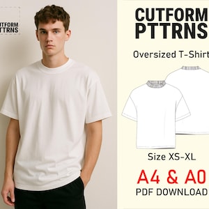 Può includere: Una persona indossa una maglietta bianca oversize. L'immagine include il testo "CUTFORM PTTRNS" e "Oversized T-Shirt". Sono visibili anche la gamma di taglie "XS-XL" e il testo "A4 & A0 PDF DOWNLOAD".