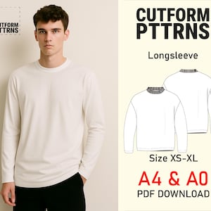 Op de afbeelding: Een persoon draagt een crèmekleurig shirt met lange mouwen. De afbeelding bevat de tekst "CUTFORM PTTRNS" en "Longsleeve", een diagram van het shirt en tekst met de maten XS-XL en A4 & A0 PDF DOWNLOAD.