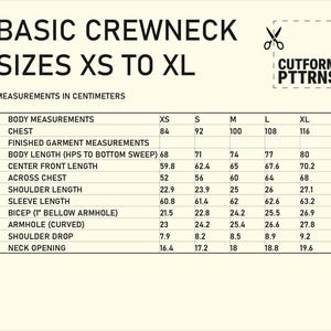 May include: A cream-colored chart with black text detailing basic crewneck sizes from XS to XL. Measurements are in centimeters. The chart includes body measurements and finished garment measurements, such as chest, shoulder length, and sleeve length.