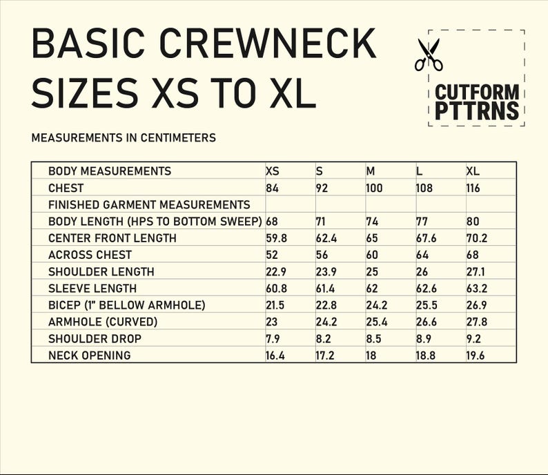 May include: A cream-colored chart with black text detailing basic crewneck sizes from XS to XL. Measurements are in centimeters. The chart includes body measurements and finished garment measurements, such as chest, shoulder length, and sleeve length.