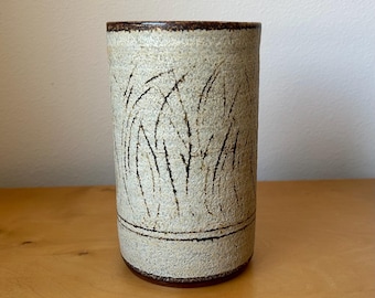 vintage Denis Vibert cylinder vase utensil holder 7.25” tall rustic boho appeal Pine Tree Kiln Sullivan Maine MCM collectible pottery