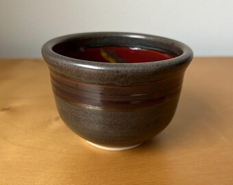 vintage John Dunlap small bowl 3” tall x 4“ diameter dark brown red abstract drip glaze interior rustic MCM northwest studio art pottery
