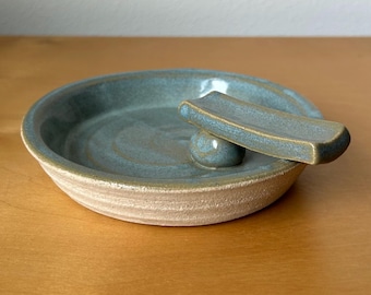 minimalist handmade buff stoneware ashtray 5” diameter light blue and brown retro earthy appeal by Shope Pottery