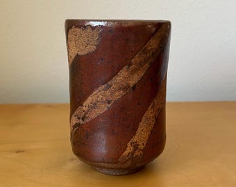 vintage handmade heavy ceramic vase 4.75” tall brown with angled rust stripes boho earthy studio pottery MCM 1970s retro style