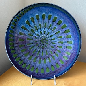 vintage Matthew Patton ceramic decorative wall plate 12.25” diameter hand painted blue green psychedelic spiral op art design signed 2001
