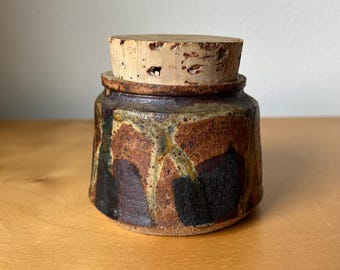 vintage studio pottery speckled stoneware jar canister 3” tall dark earth tones rustic handmade 1970s MCM mid-century modern style