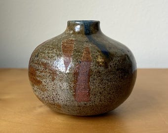 vintage studio pottery small bud vase weed pot 3.5” tall brown gray earth tones blue rim and drip glaze rustic boho MCM appeal