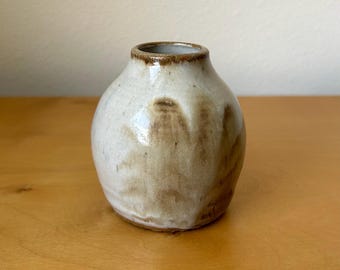 vintage miniature handmade bud vase 3.25” tall off-white with brown rustic decoration earthy boho studio pottery