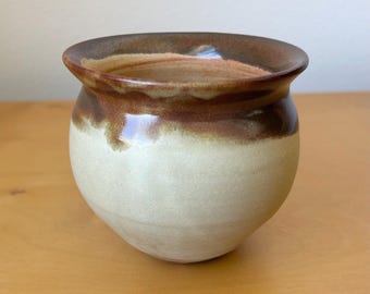 vintage studio pottery handmade small vase plant pot 3.5” tall pale yellow with brown drip glaze wheel thrown organic boho retro style