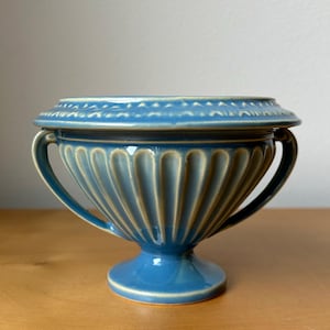 vintage Roseville Pottery Savona blue ceramic pedestal compote footed small bowl 5.5” diameter x 4” tall fluted antique art deco collectible