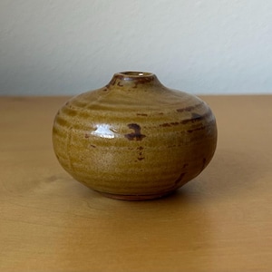 vintage miniature weed pot bud vase 2” tall rustic earth tones tan pottery with textured surface subtle crackle glaze MCM mid-century modern