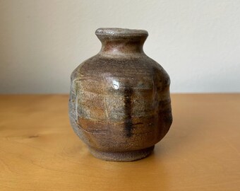 vintage wood fired miniature stoneware bud vase 3.75” tall rounded square indented fossil marks earth tones MCM studio pottery style OOAK