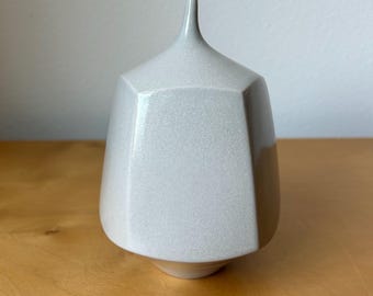 vintage porcelain weed pot bud vase 5.25” tall pale gray with tiny spout faceted sides minimalist pentahedron signed Paul Stein Big Sur CA