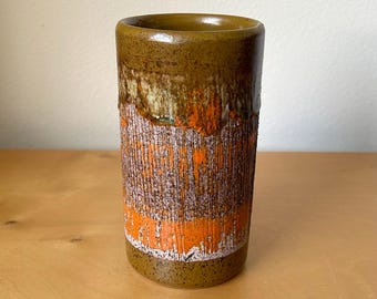 vintage Tilgmans Keramik Sweden style vase 6” tall brownish green orange purple with incised lines drip glaze MCM mid-century modern pottery
