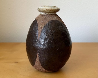 vintage studio art pottery weed pot bud vase 5” tall textured with large brown ovals drip glaze rustic earthy boho MCM style