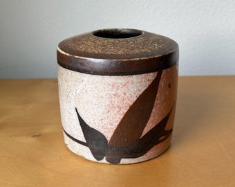 vintage studio pottery stoneware vase 3.75” tall brown and plum floral decoration boho earthy rustic decor