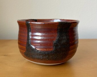 vintage handmade small ceramic plant pot 4.5” wide x 3” tall rustic studio pottery with textured abstract black brutalist surface decoration