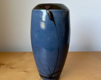 vintage studio art pottery tapered vase 8.25” tall blue with brown hand painted reeds grass and tenmoku rim rustic