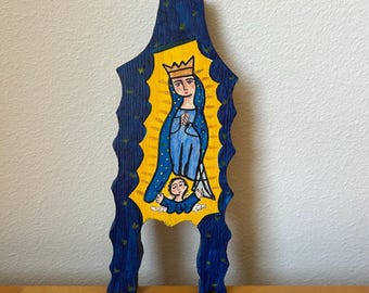 vintage Our Lady of Guadalupe hand carved retablo wall hanging 8” tall blue yellow painted outsider folk art by Theresa Montoya New Mexico