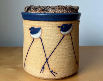 vintage Barbara Patera Seattle ceramic jar canister 4.75” tall yellow hand decorated blue bird chick stilt with long legs handmade 1980s