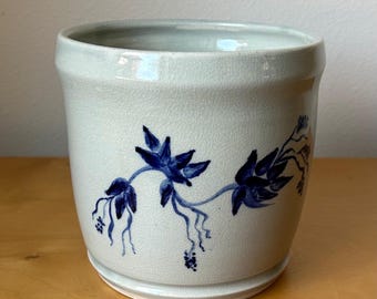 vintage high-fire porcelain crock planter utensil holder 5.25” tall pale blue with delicate cobalt brushwork signed studio art pottery