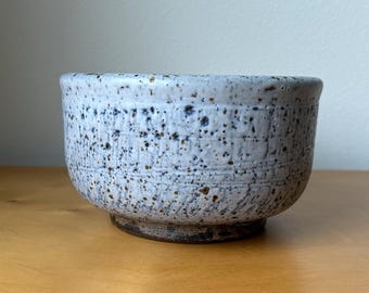 vintage Robert Sperry footed bowl 6.5” x 4“ tall blue speckled glaze incised lines MCM mid-century modern PNW studio art pottery signed 1954