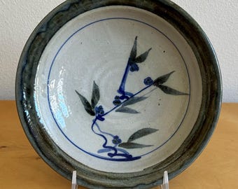 vintage studio pottery shallow display bowl 8.5” diameter cobalt hand painted floral decoration