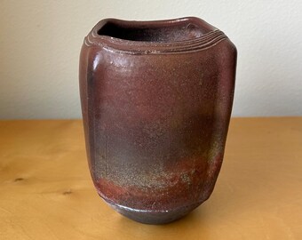 vintage raku fired studio art pottery pot vase 6” tall squared shape with deep oxblood red metallic earth tones minimalist ceramics signed