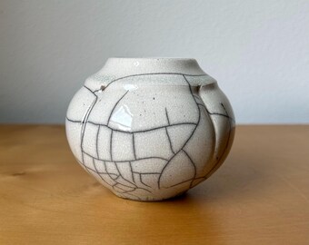 vintage raku fired studio art pottery miniature pot vase 3” tall round dimpled indented sides white with contrasting crackle glaze signed