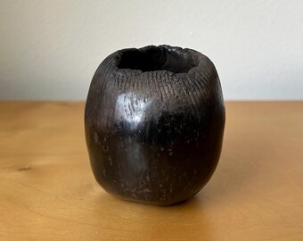 vintage pit fired miniature pinch pot 3.25” tall black burnished surface textured opening signed Lam