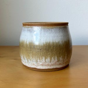 vintage handmade small ceramic plant pot 3.75” tall yellow brown off-white wheel thrown northwest studio pottery boho signed B Freeburg
